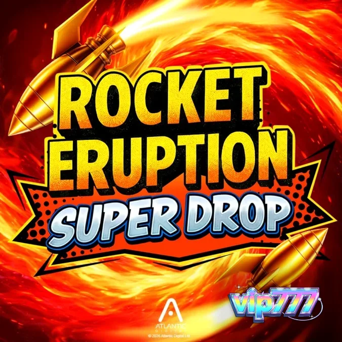 Interface do jogo Rocket Eruption Super Drop com temática de vulcão